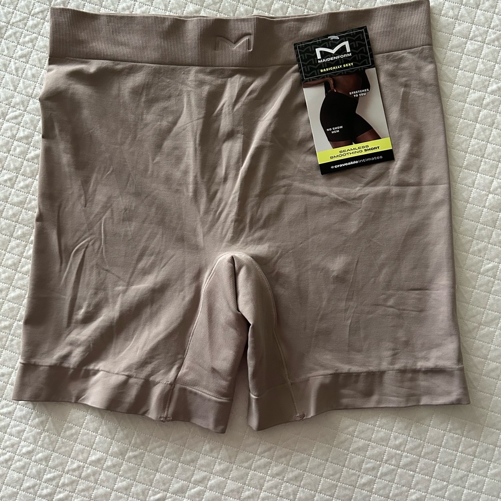 Maidenform Tan Smoothing Shorts with Wide Waistband and Stretch Fabric